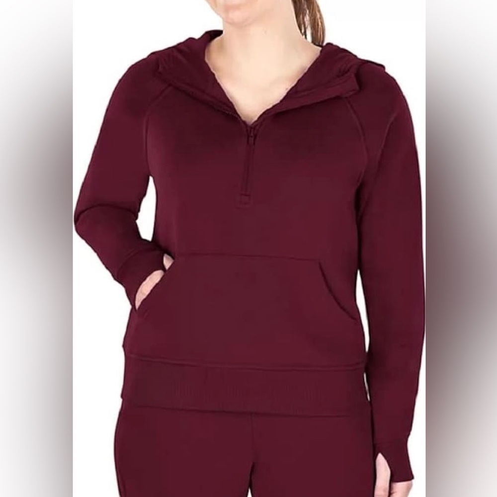 0304 - Women’s Large Ribbed Half Zip Burgundy Hooded Sweatshirt